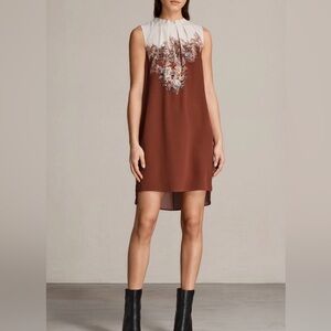 All Saints Jay Clement Shift Dress in Silk - Rust Red Floral - Small